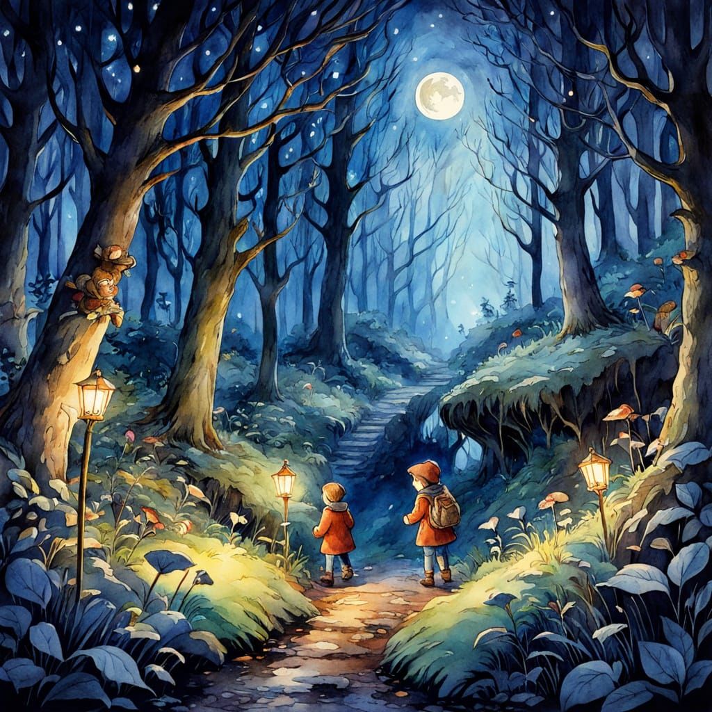 Whimsical Children's Forest Scene in Watercolour Style