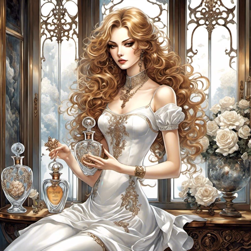 Anime Girl in Chemise Holding Perfume Bottle