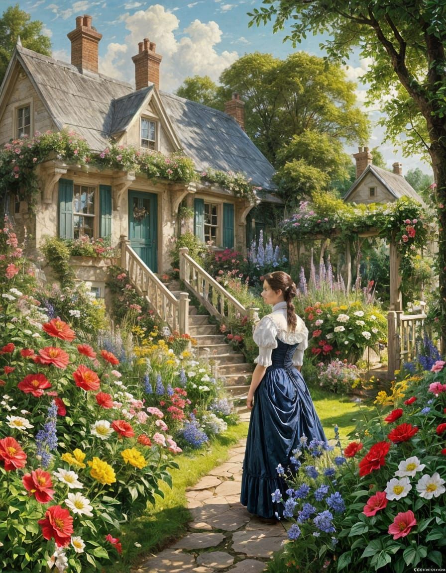 Victorian Woman in Cottage Garden Oil Painting