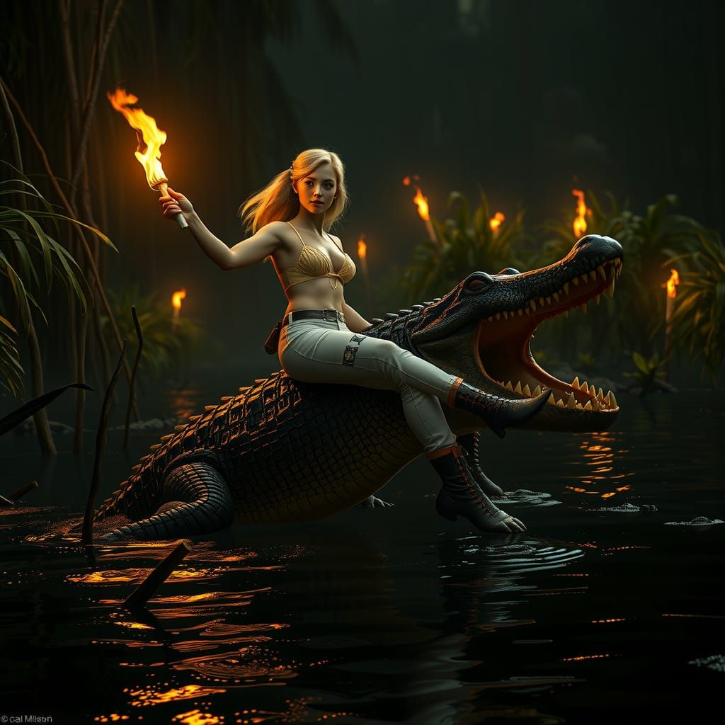 Woman Rides Colossal Crocodile Through Jungle Swamp