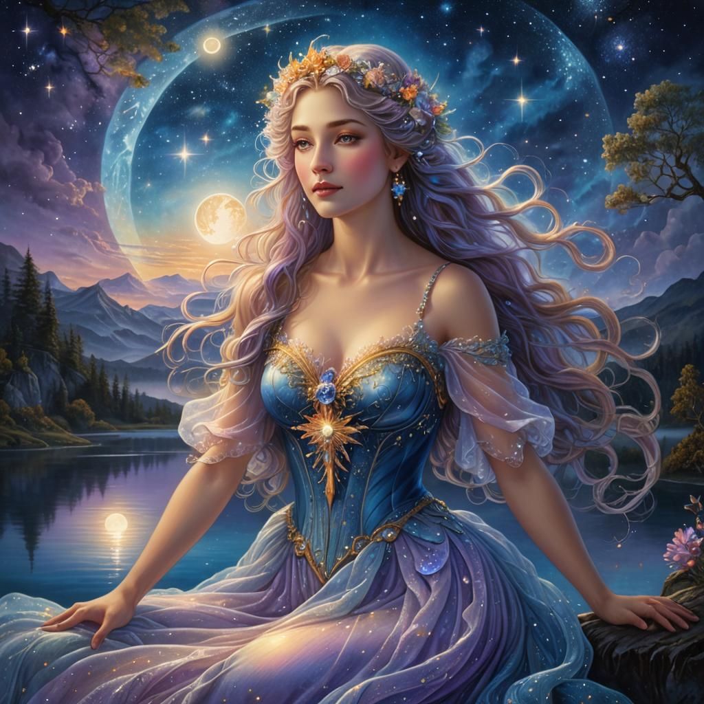 Celestial Maiden Above Moonlit Lake in Mystical Realism