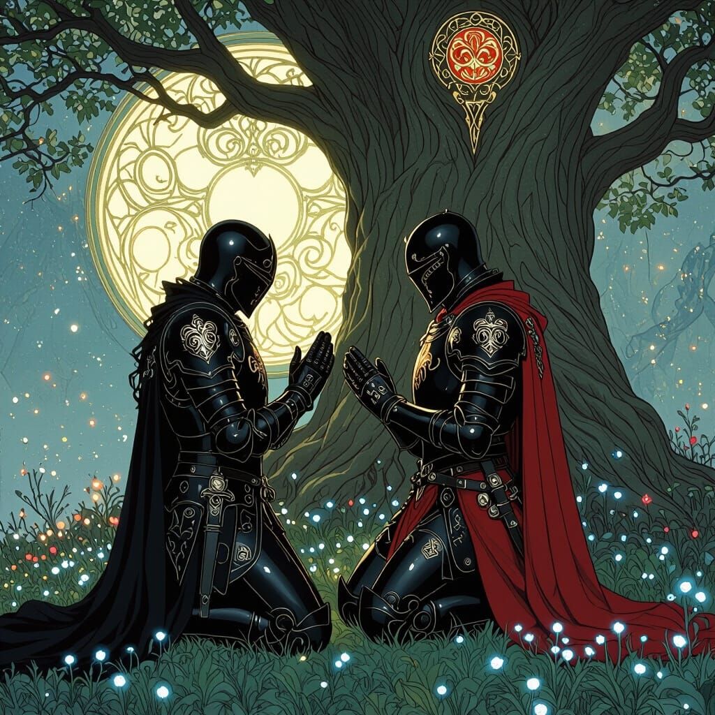 Blackwood Knight's Prayer in Ethereal Art Nouveau Style