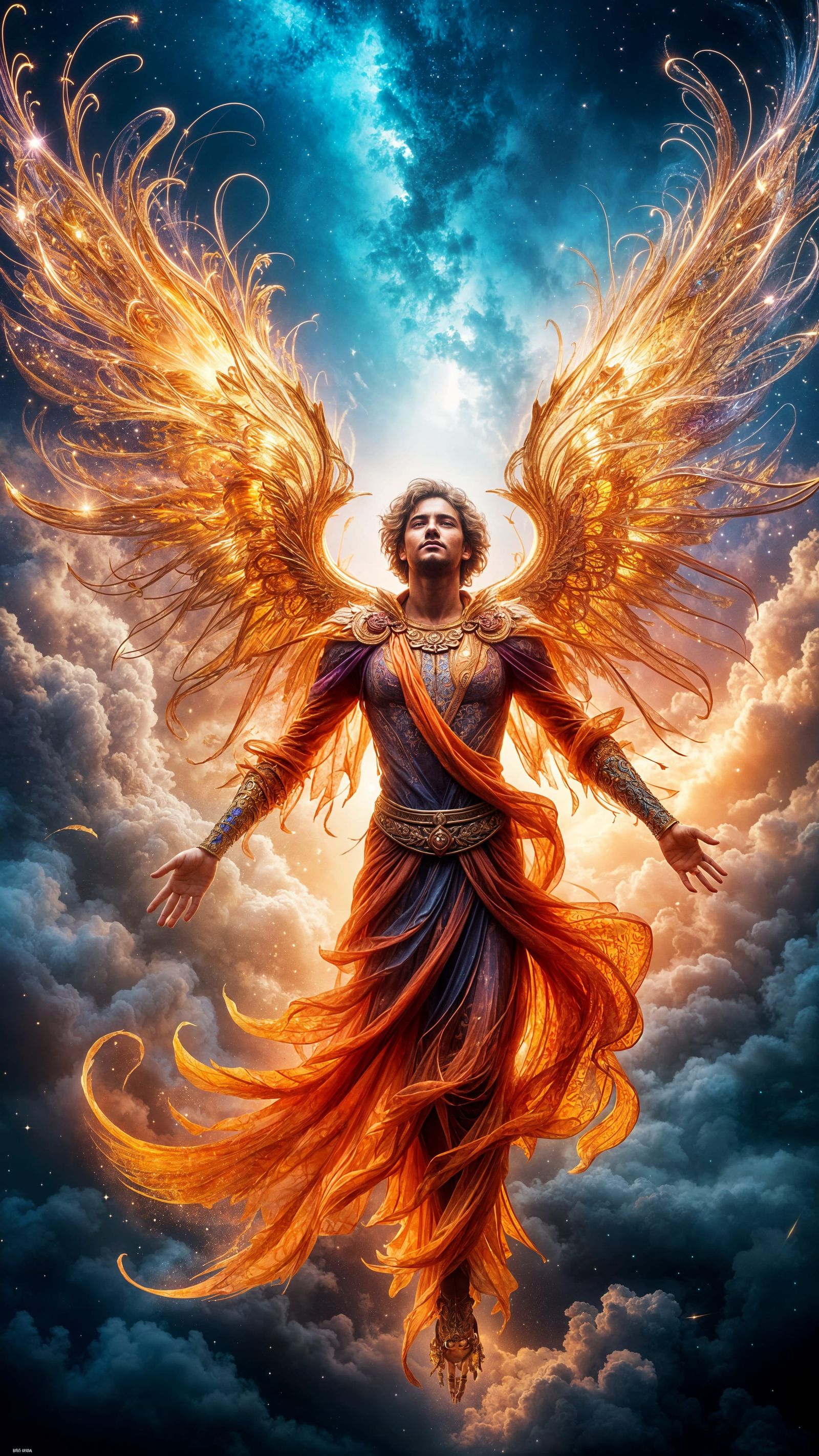 Stained Glass Archangel with Wings in Art Nouveau Style