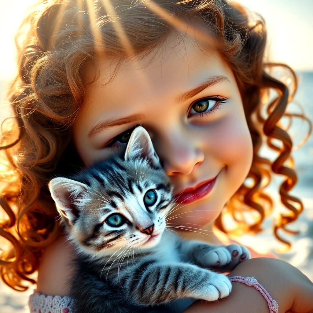 Serene Ocean Portrait of a Little Girl and Her Kitten