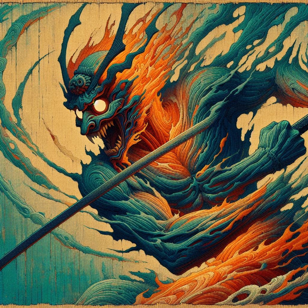 Masked Samurai in Orange and Teal: Impressionist Scroll