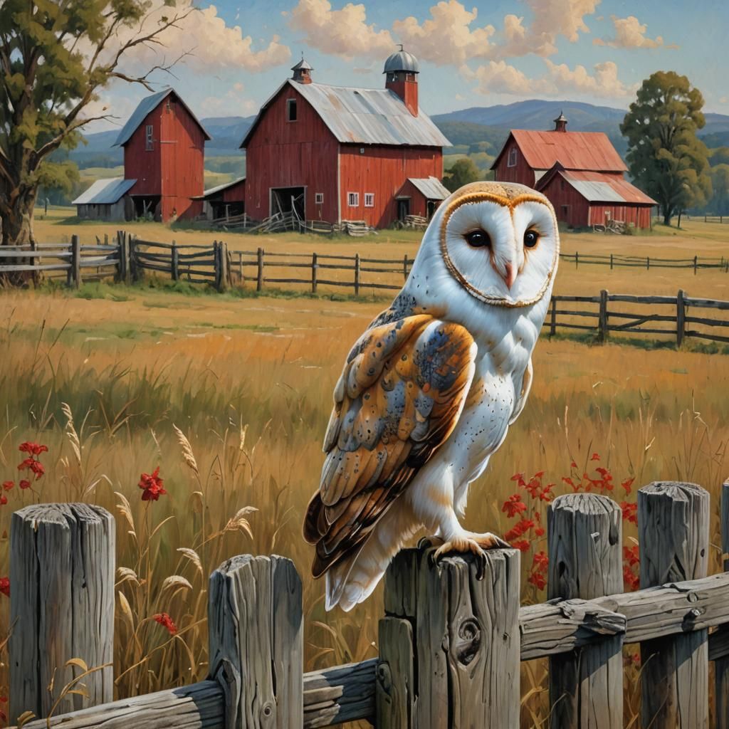 Barn Owl on Fence in Countryside, Oil Painting