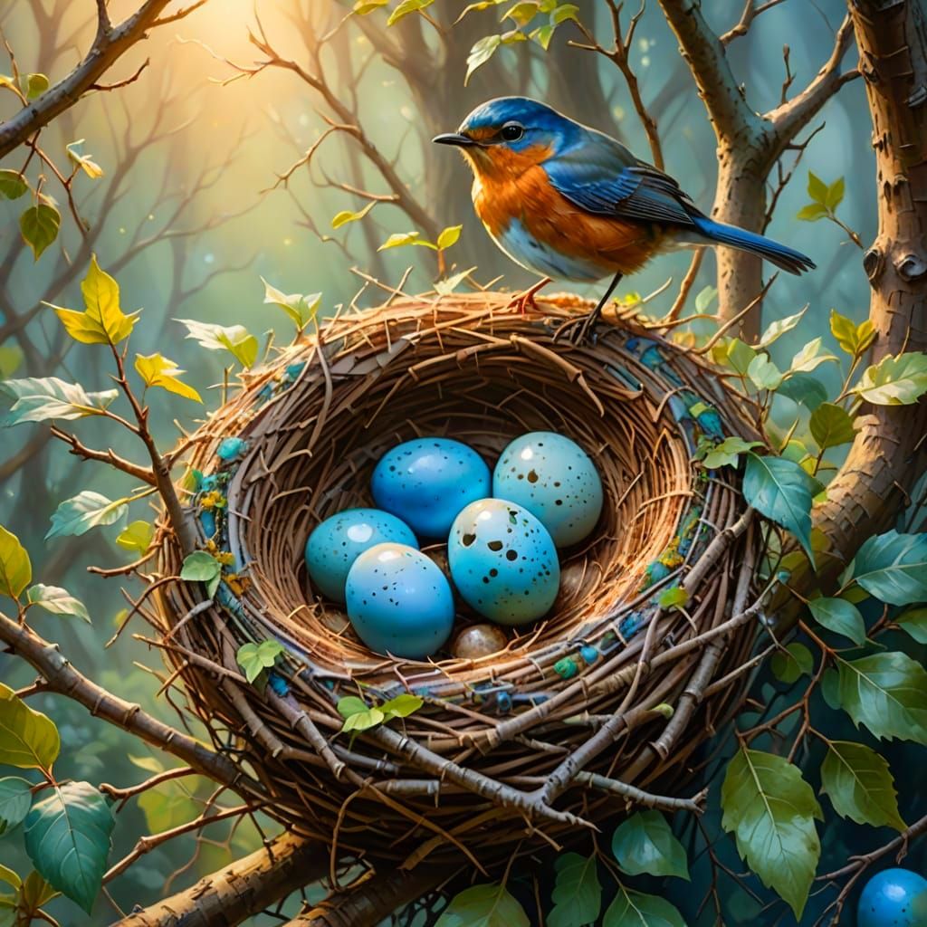 Watercolor Robin with Blue Eggs in Nest