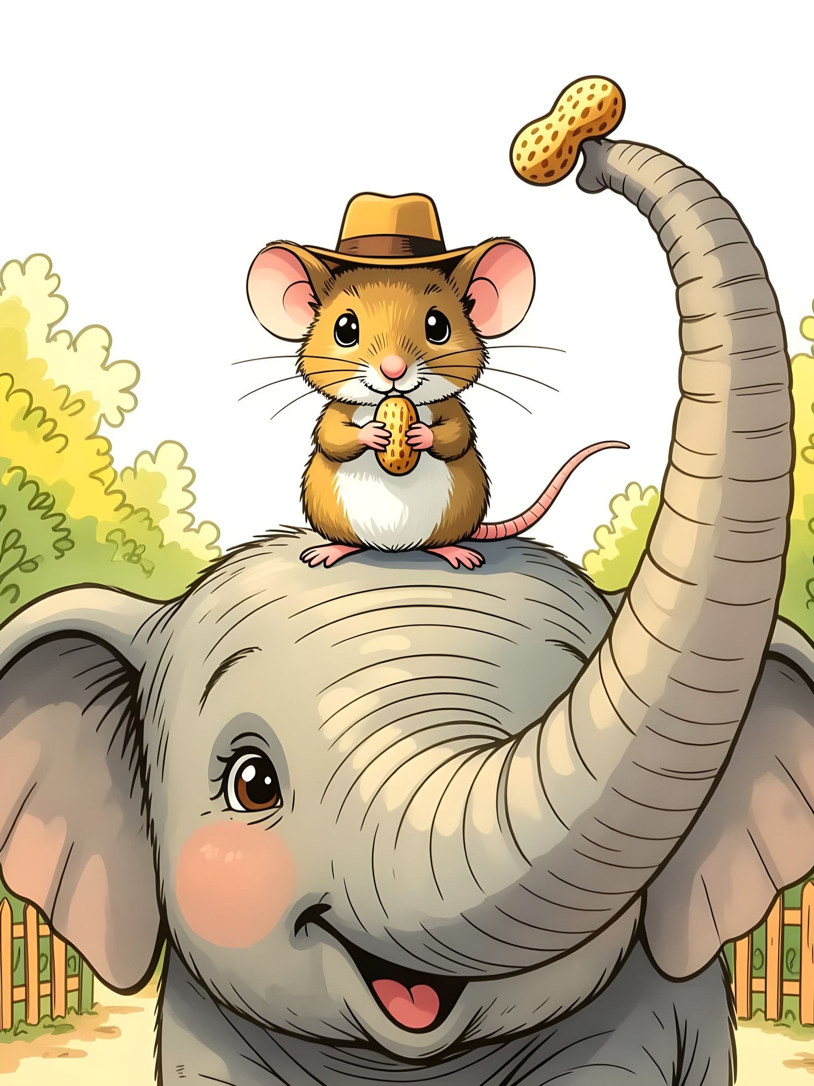 Mouse Offers Peanut to Elephant in Whimsical Zoo Scene