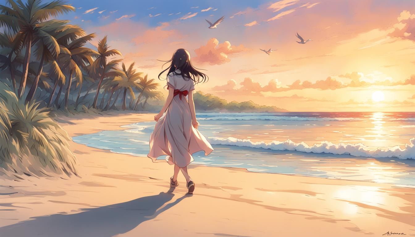 Sunrise Beach Anime Girl in Manga Key Visual Style