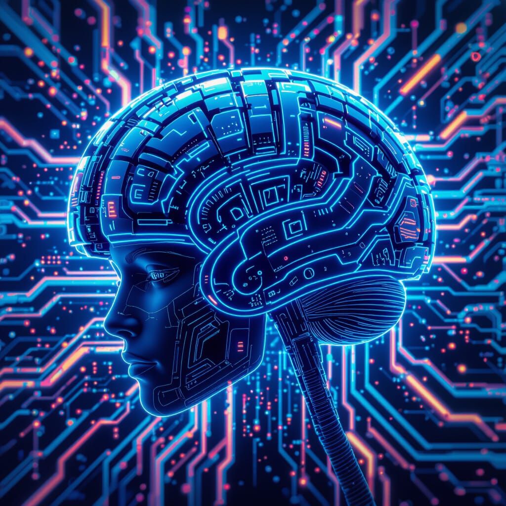 Cybernetic Brain with Neon Circuits and Fractals