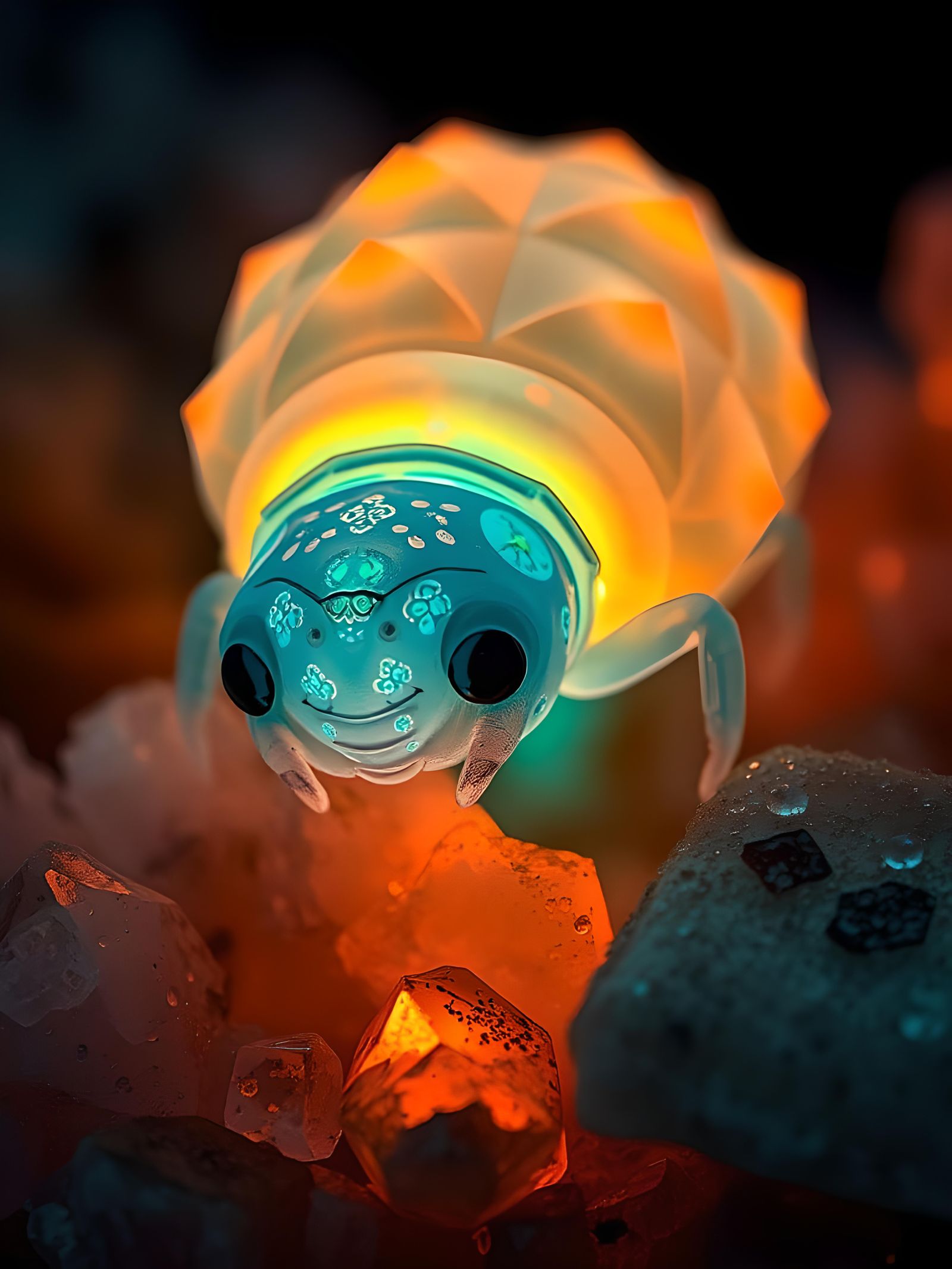 Fluorescent Tardigrade Crawling Among Crystals