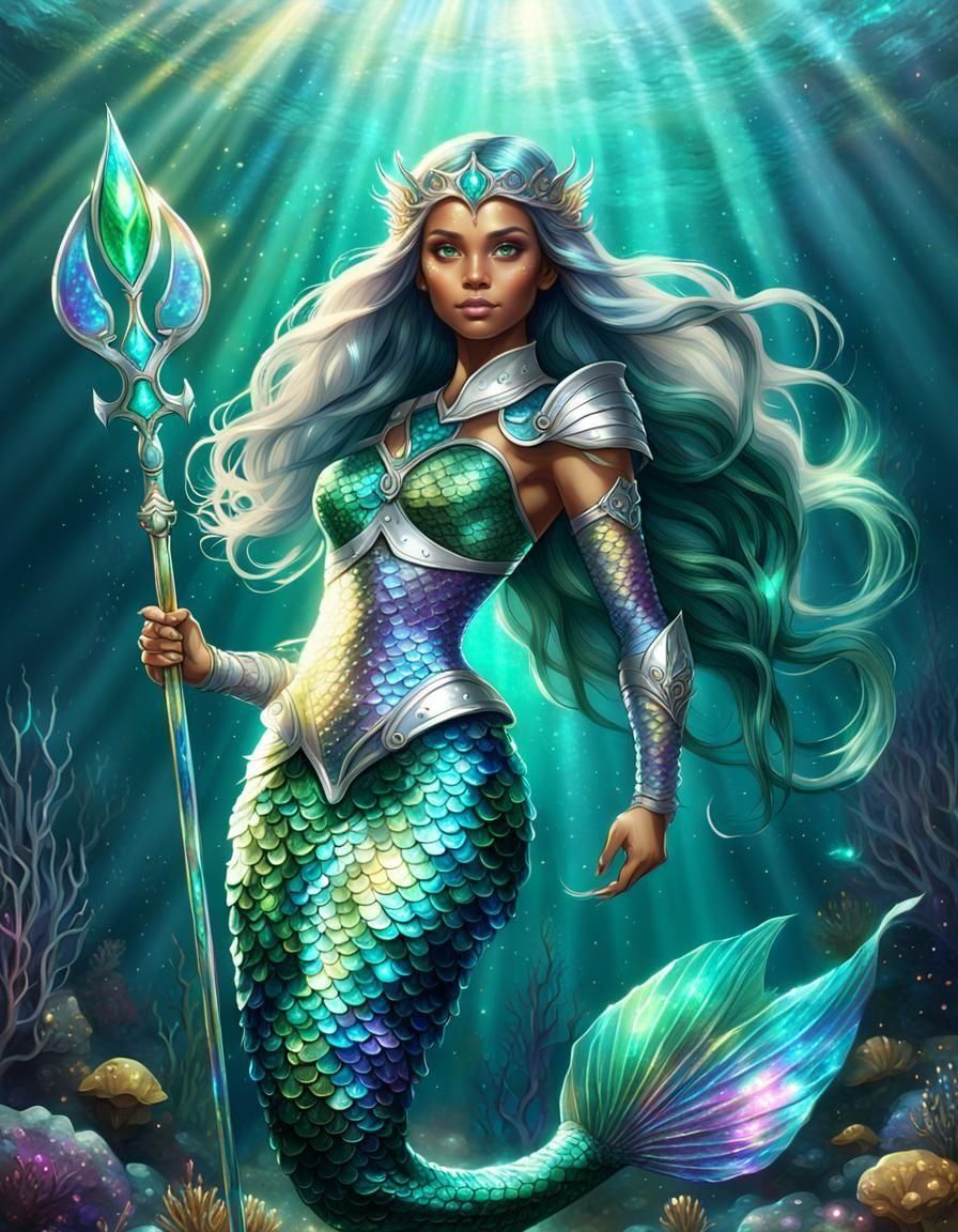Iridescent Mermaid Queen with Trident in Fantasy Style