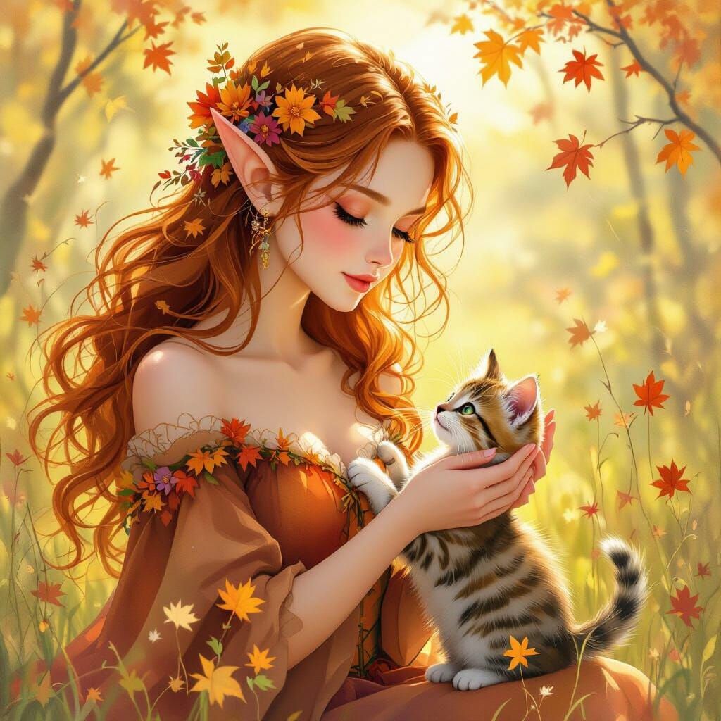 Elegant Elf Woman in Autumn Meadow with Kitten
