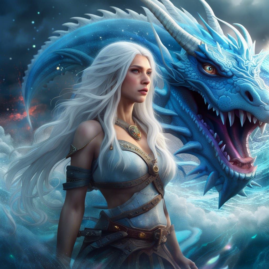 Ice-Blue Dragon and White-Haired Woman in Storm