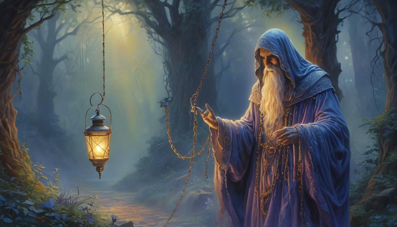 Ghost with Lantern and Chains in Ethereal Watercolour Style