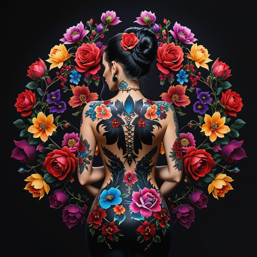 Model with Floral Tattoo in Dark Fantasy Landscape