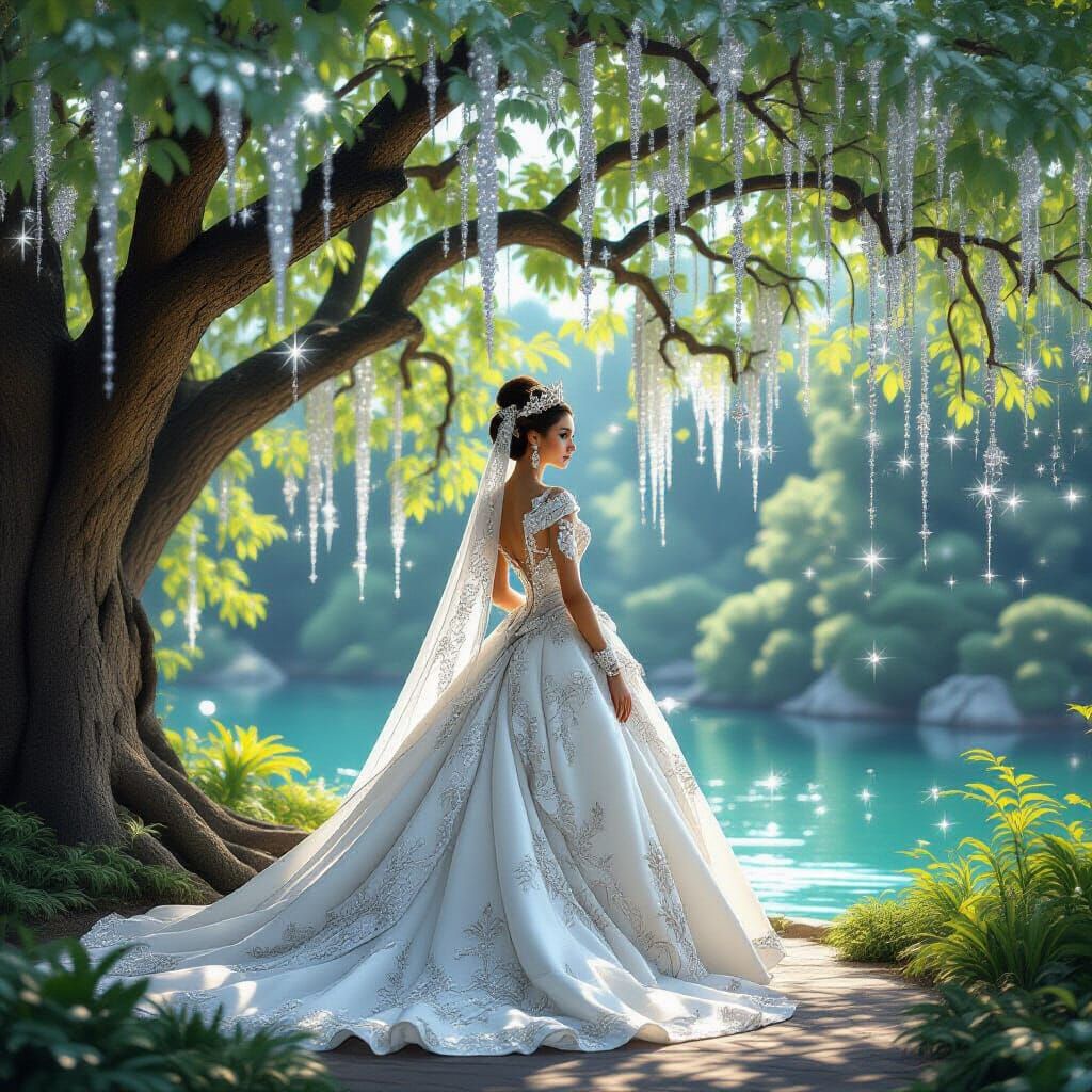 Regal Woman Under Diamond Trees, in a Whimsical Style