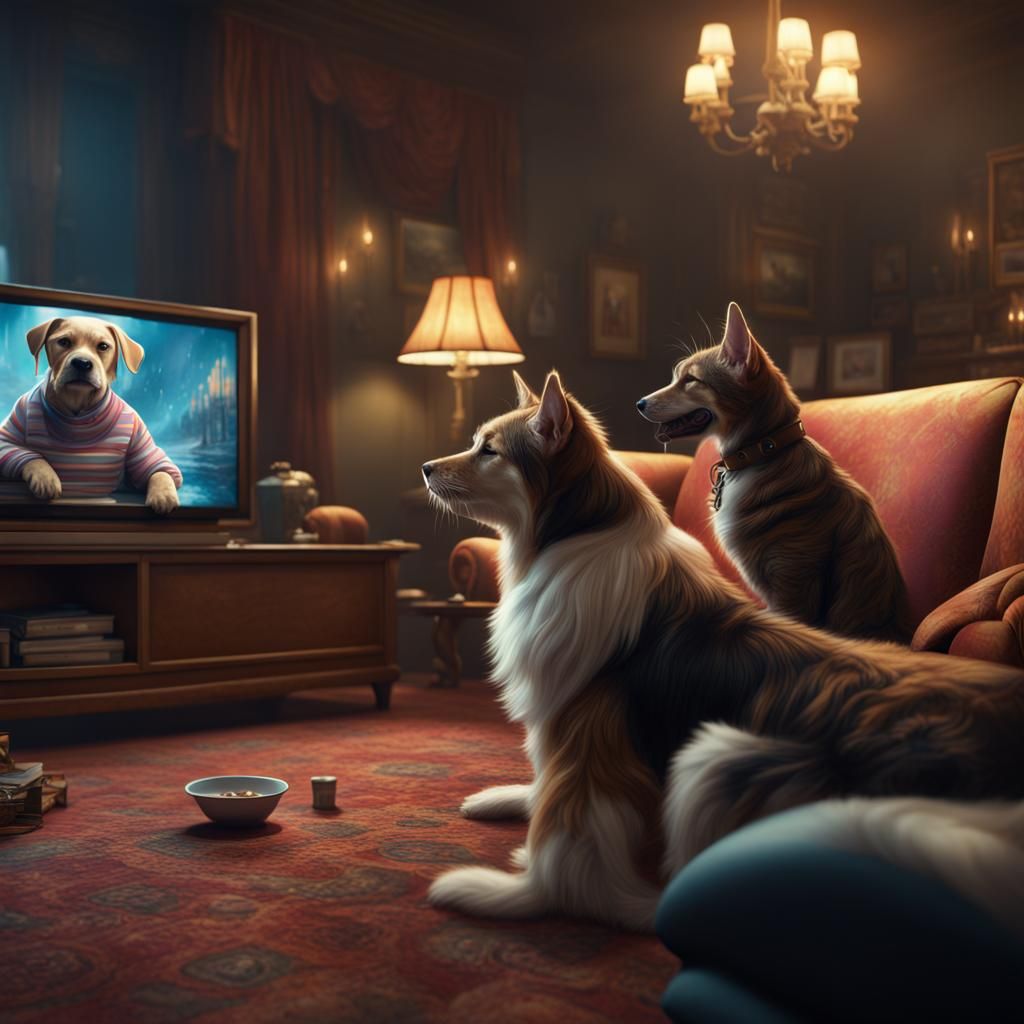 Dog and Cat Watching Movie: Detailed Matte Painting