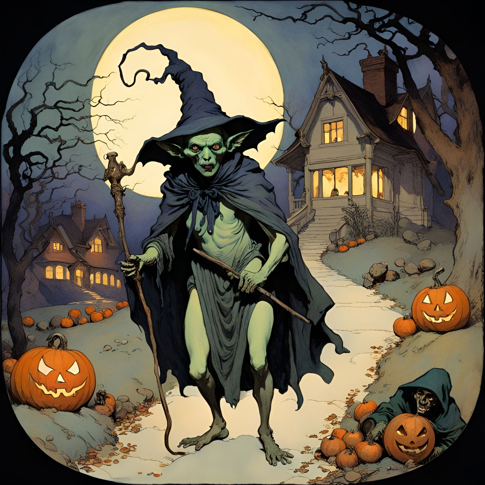Halloween Night: Goblins and Creatures in Dramatic Lighting