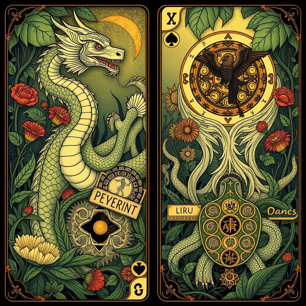 Ethereal Dragon and Turtle Cards in Art Nouveau Surrealist S...