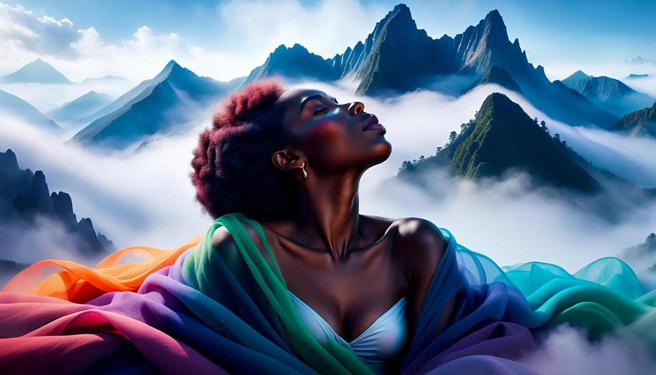 Dreamscape: Sleeping Woman in Mountain Mist, Digital Art