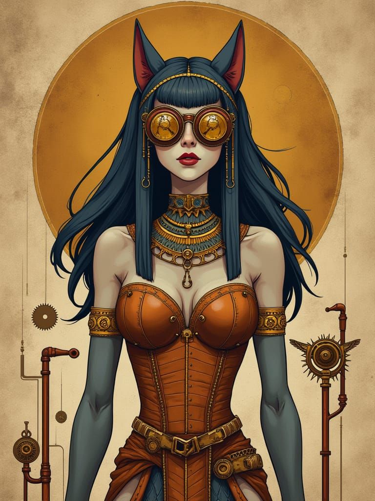 Steampunk Bastet: Egyptian Goddess in Minimalist Style