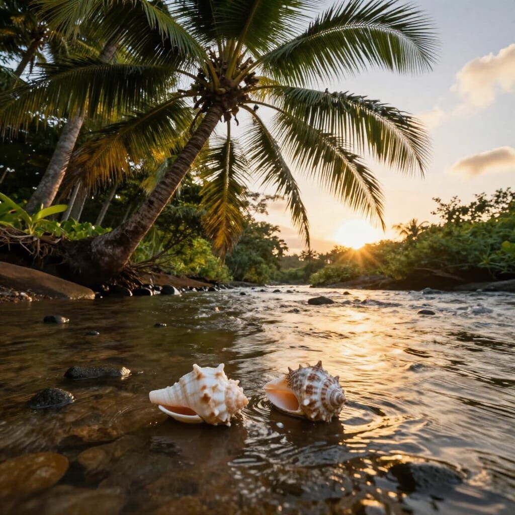 Seashells Under Coconut Tree in Hawaii at Sunset