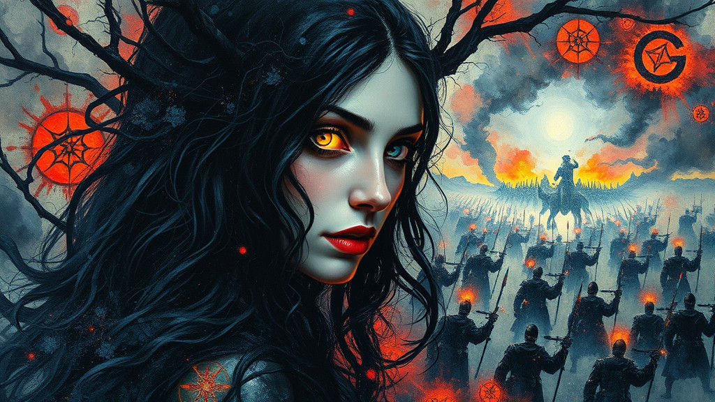 Mystical Sorceress Conjuring Black Magic in Fluorescent Impa...