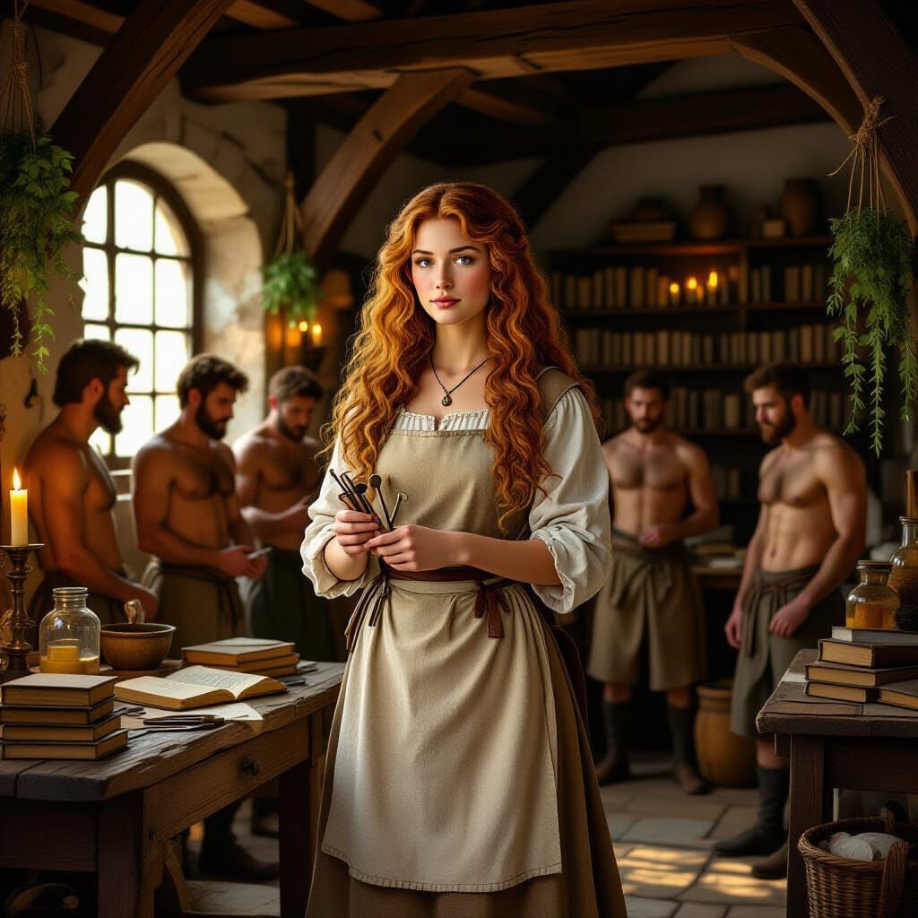 Medieval Female Medic in Candlelit Infirmary
