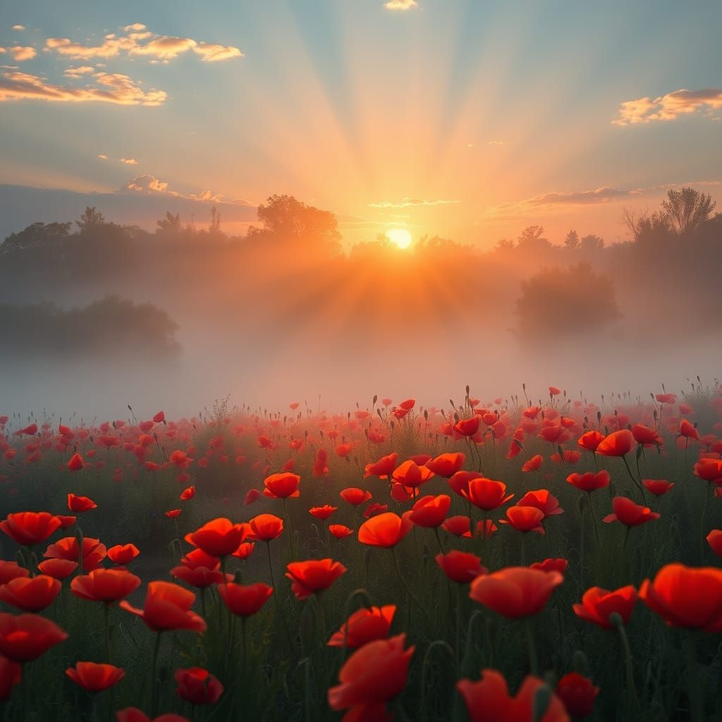 Poppy Field in Morning Mist: Fantasy Concept Art