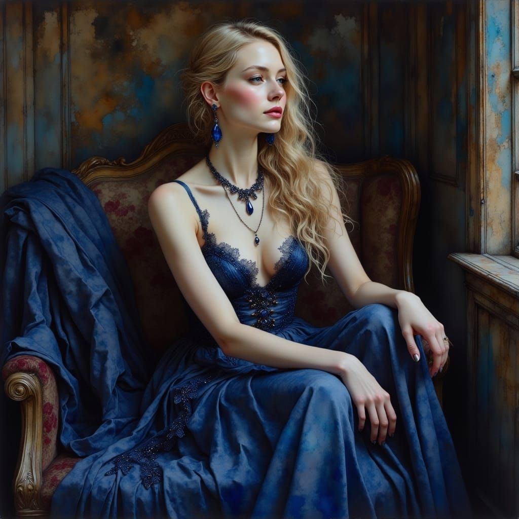 Elegant Blonde Woman in Indigo Attire, Romantic Oil Painting...