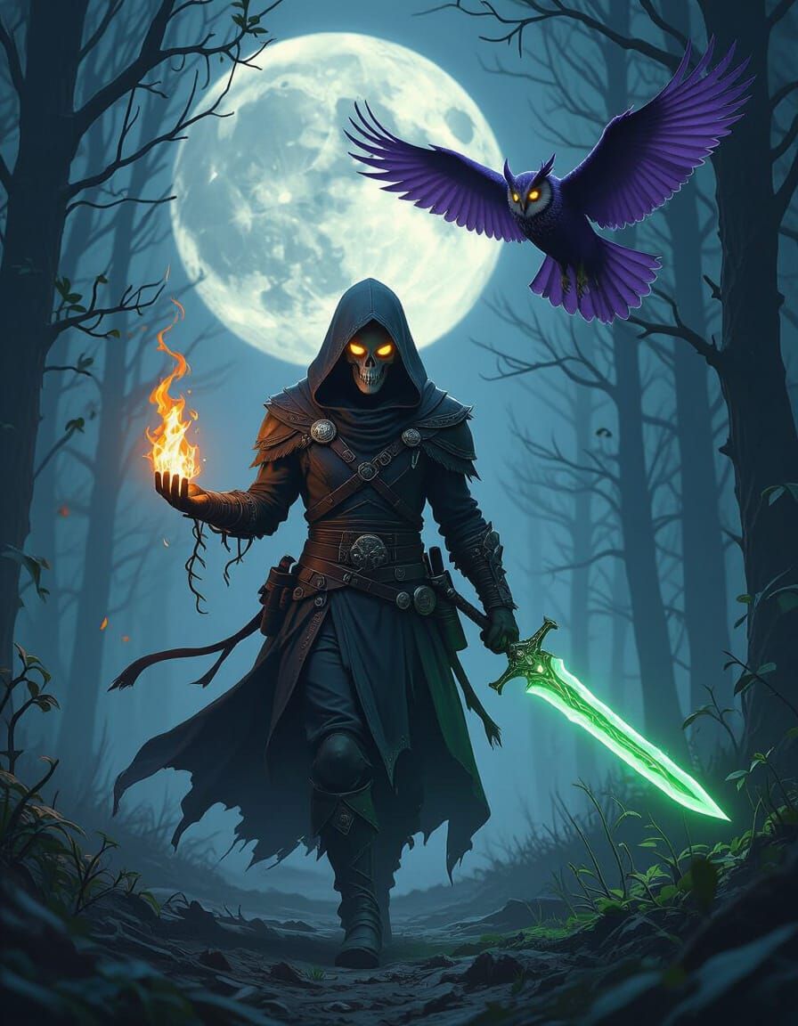 Sinister Fantasy Ranger with Flaming Sword and Owl