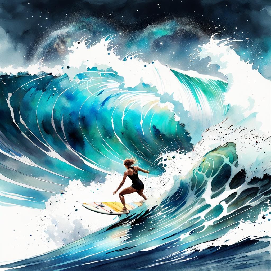 Watercolor Surfer Rides Cosmic Waves at Sunset