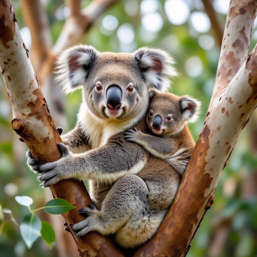Koala with Baby in Eucalyptus Tree
