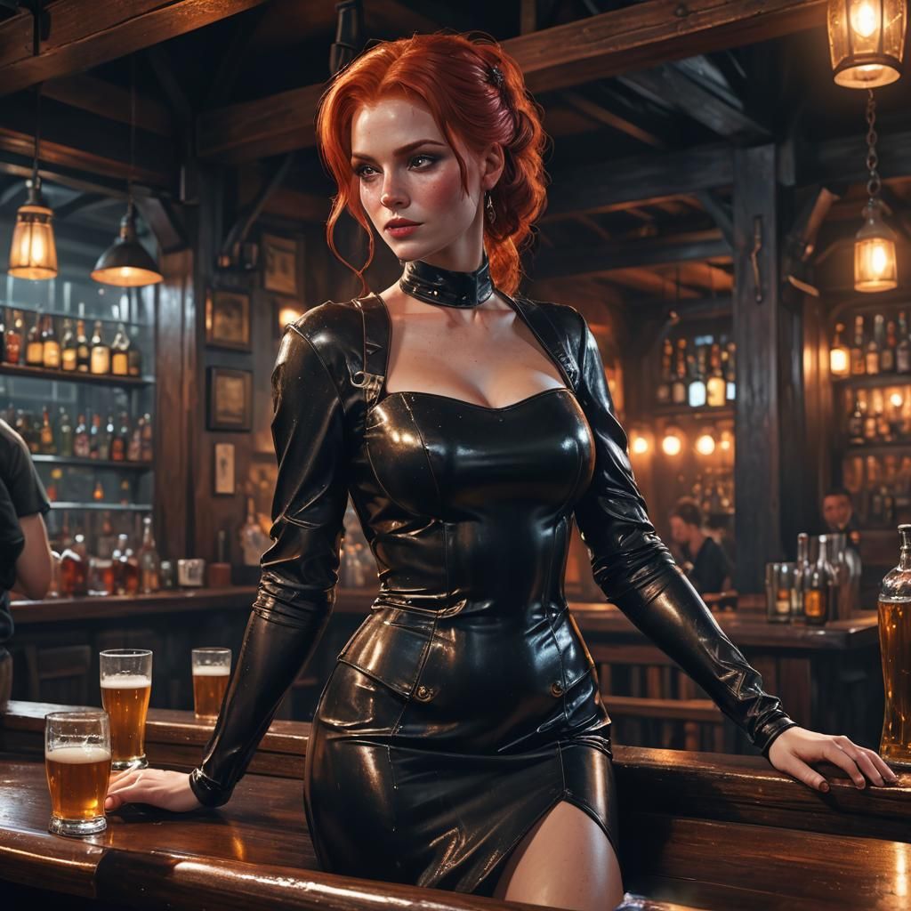 Red-Haired Woman in Tavern, Detailed Matte Painting