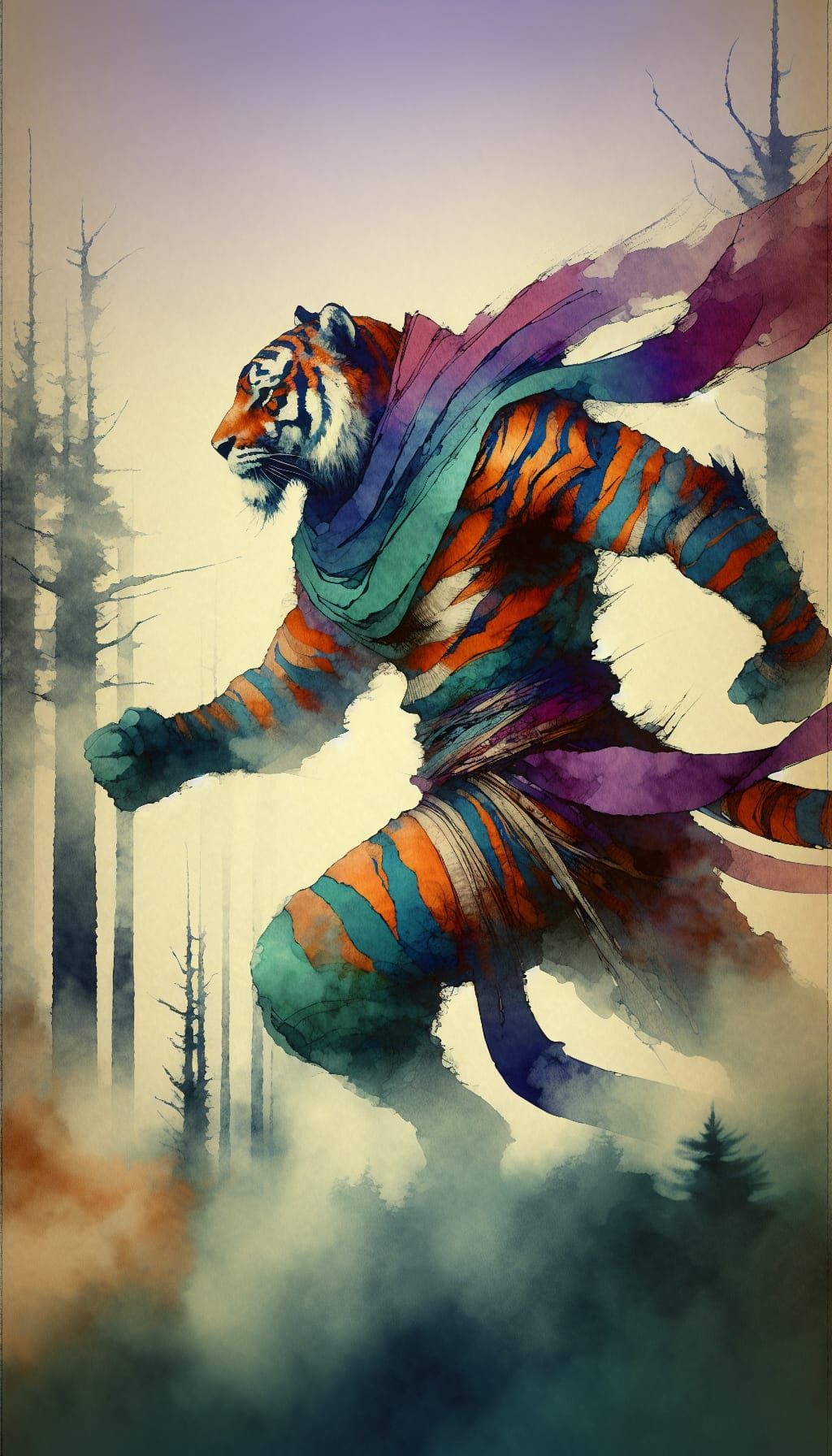 Anthropomorphic Tiger Warrior in Romantic Watercolor Style