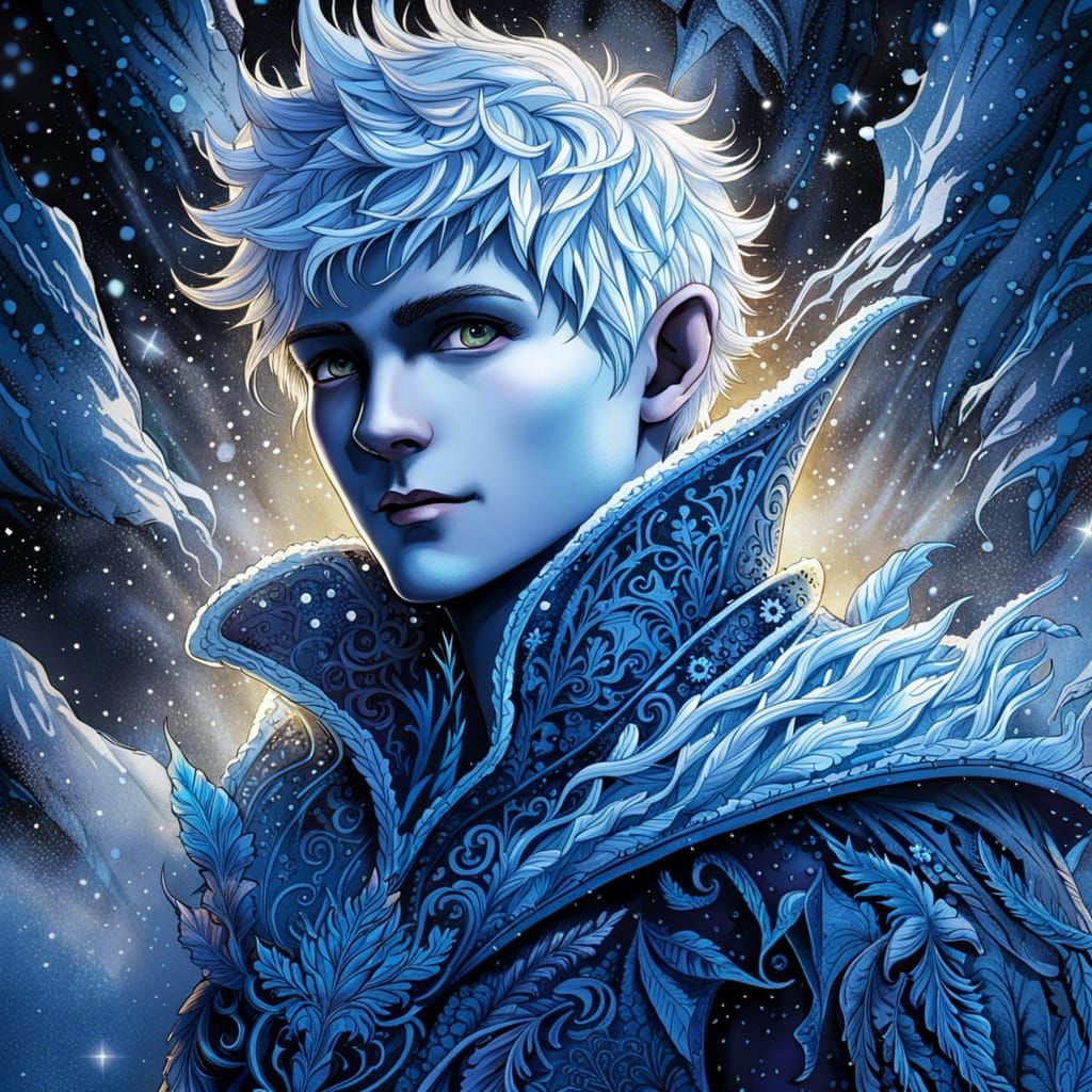Intricate Ink Illustration of Jack Frost Creating Snow