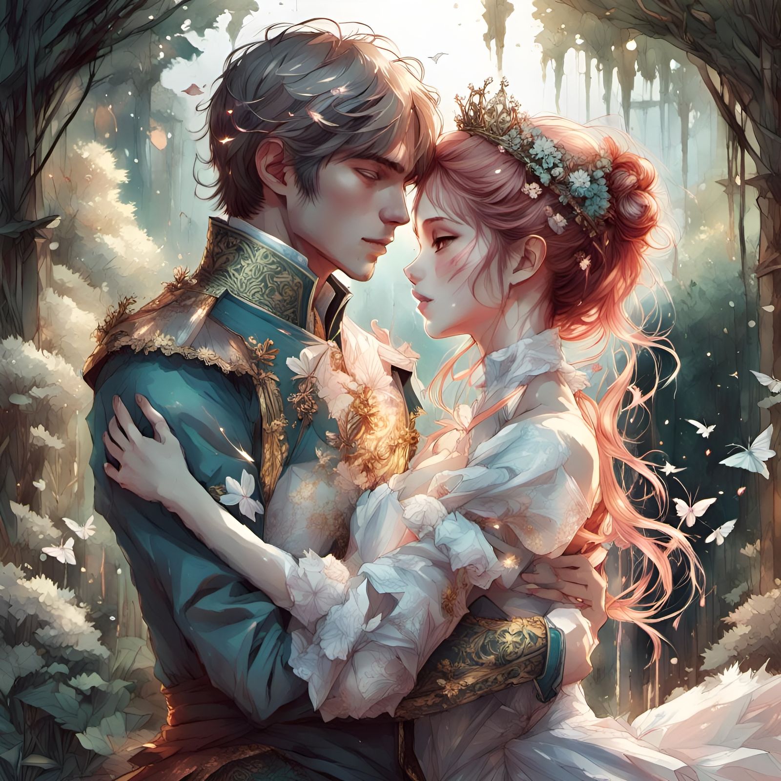 Prince and Princess Embrace in Garden: Manga Art