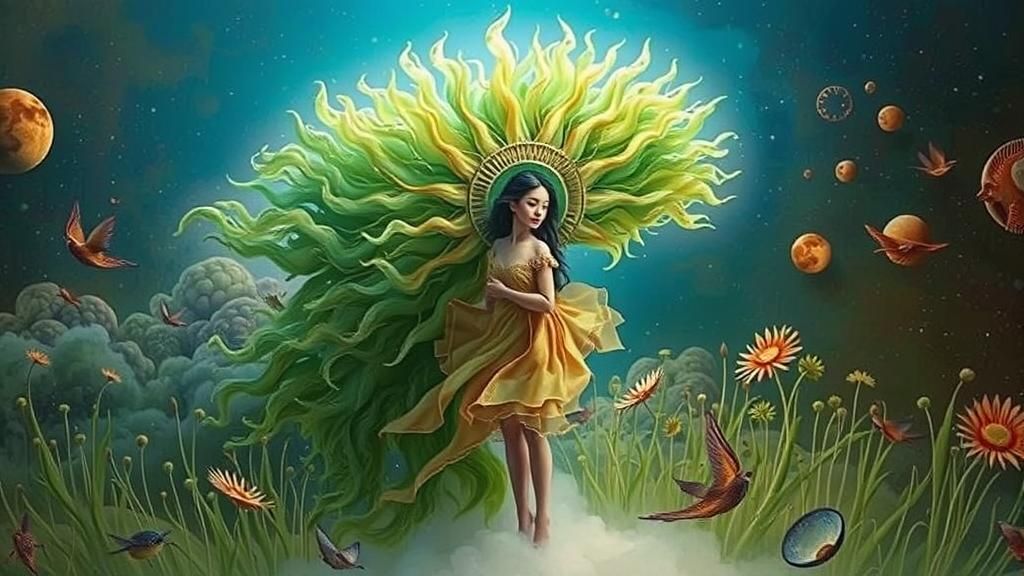 Surreal Woman in Sun and Moon Clouds