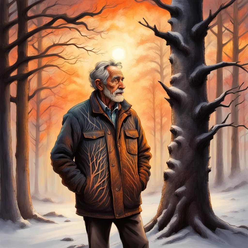 Old Farmer in Snowy Forest: Charcoal Pyrography Art
