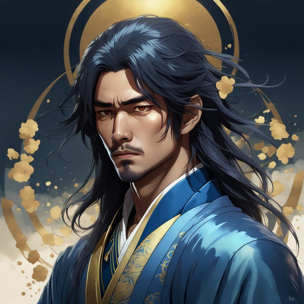 Japanese Man in Blue and Gold Suit, Detailed Portrait