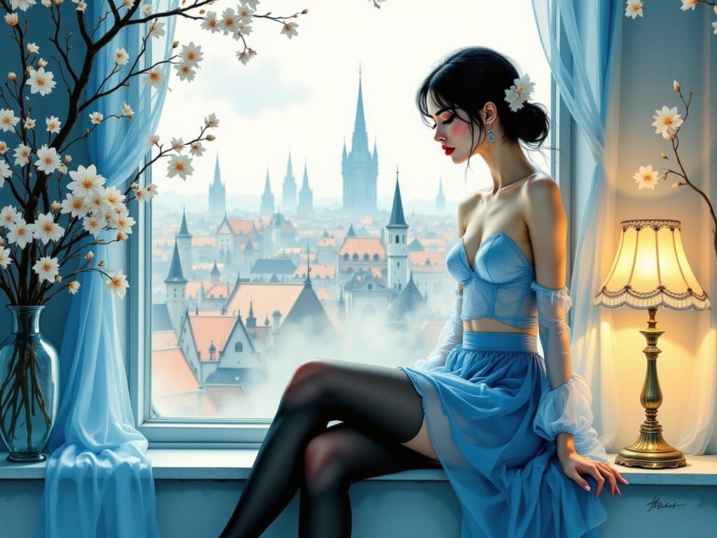 Young Woman Seated on a Windowsill in a Romantic Interior