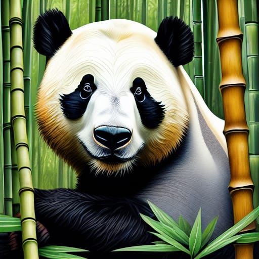 Realistic Panda Eating Bamboo in Sun-Dappled Forest