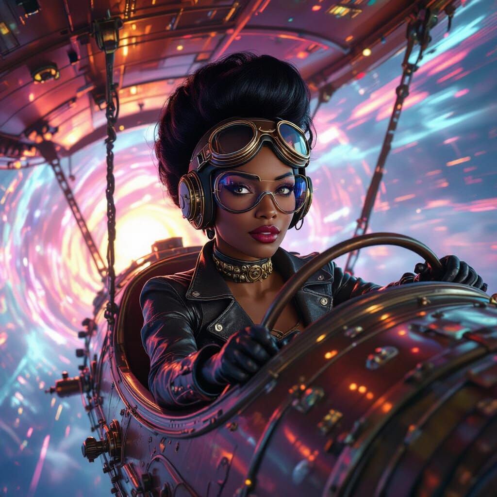 Steampunk Pilot Navigates Cosmic Vortex in Digital Art