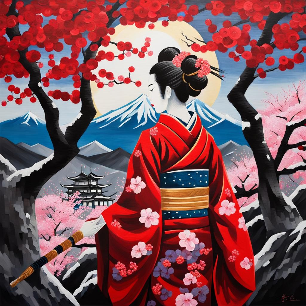 Geisha Under Cherry Blossom Tree: Gouache Impasto Art