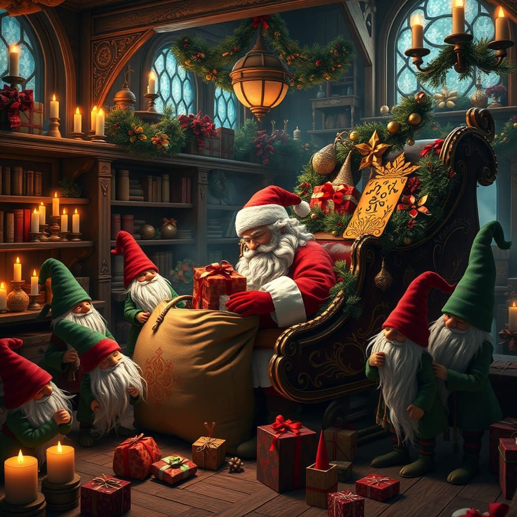 Gnomes Help Santa Pack Gifts: A Christmas Scene