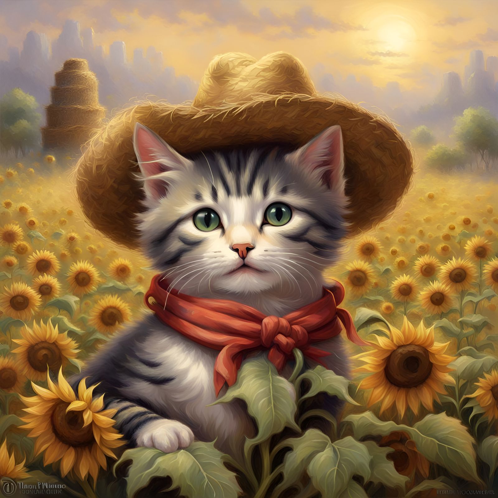 Kitten Cowboy in Sunflower Field: Ethereal Fantasy