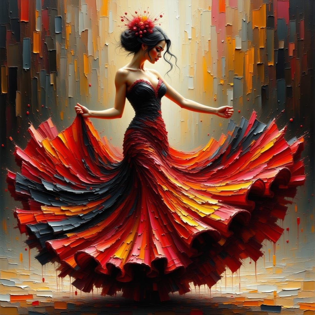 Flamenco Dancer in Swirling Dress with Impasto Texture