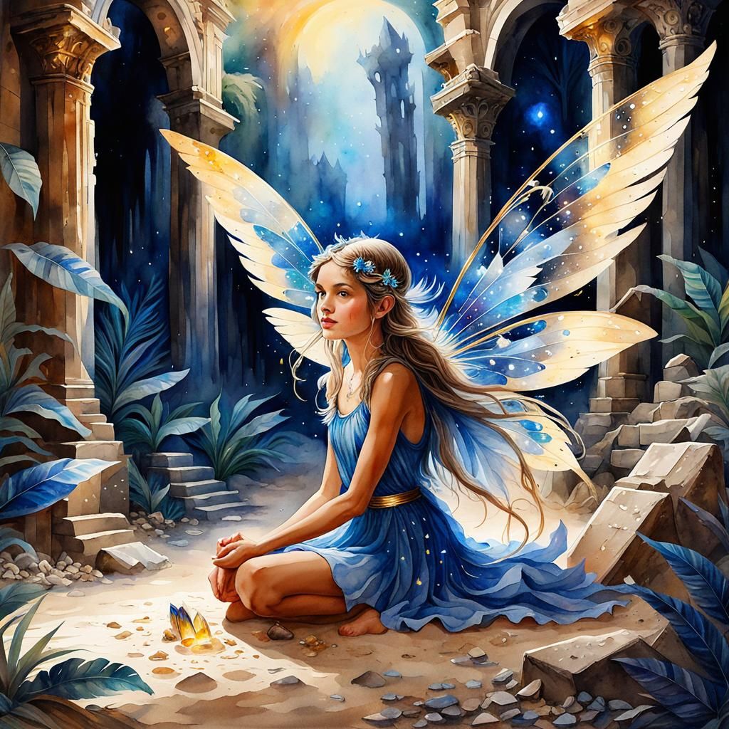 Fairy in Jungle Ruins Under Starry Night