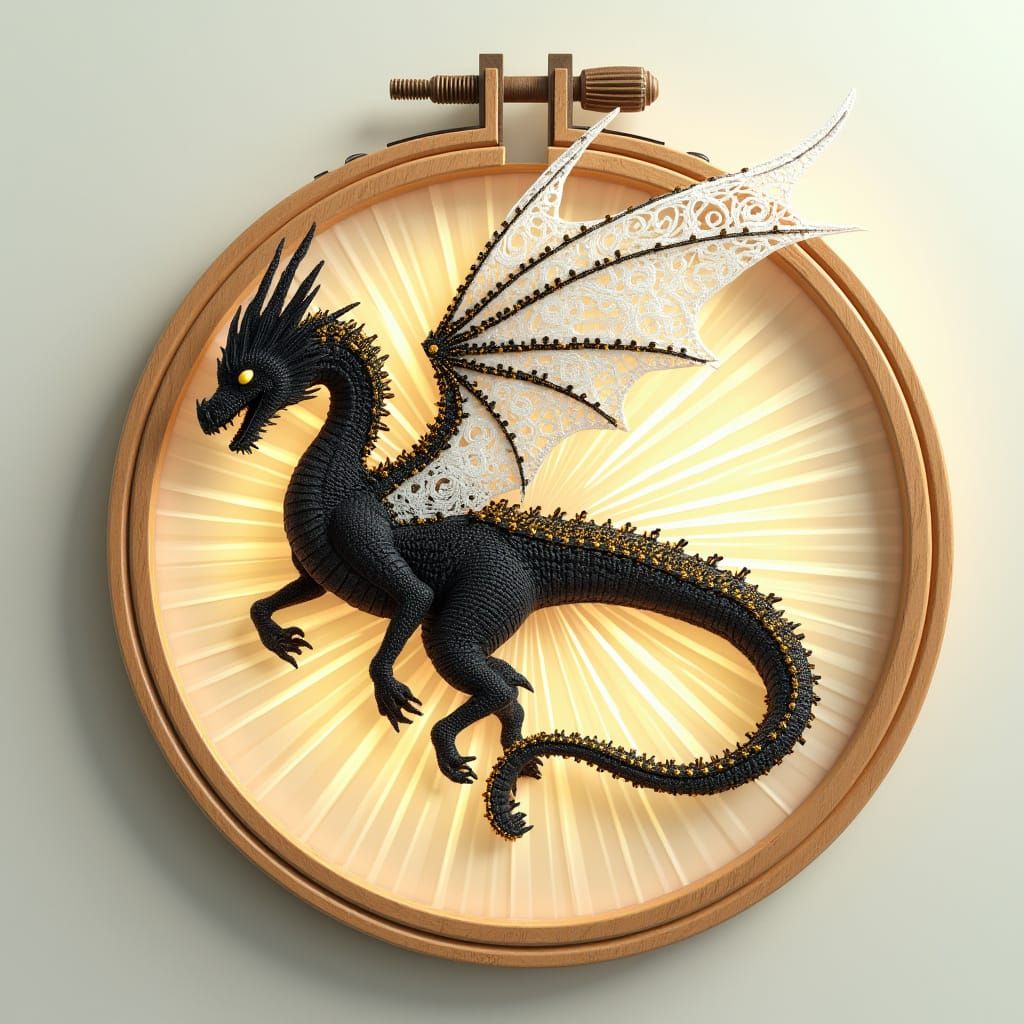 Dragon Flies Through Embroidery Hoop in Pixar Style